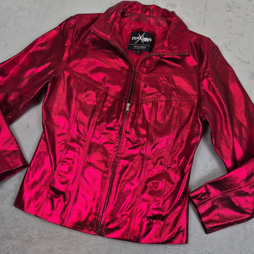 Wilsons Leather Maxima Metallic Red Leather Jacket Womens Small Y2K Moto Zip Up